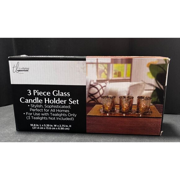 3 Piece Gold Color Glass Tealight Candle Holder Set On Rectangular Tray Stones - Picture 2 of 7